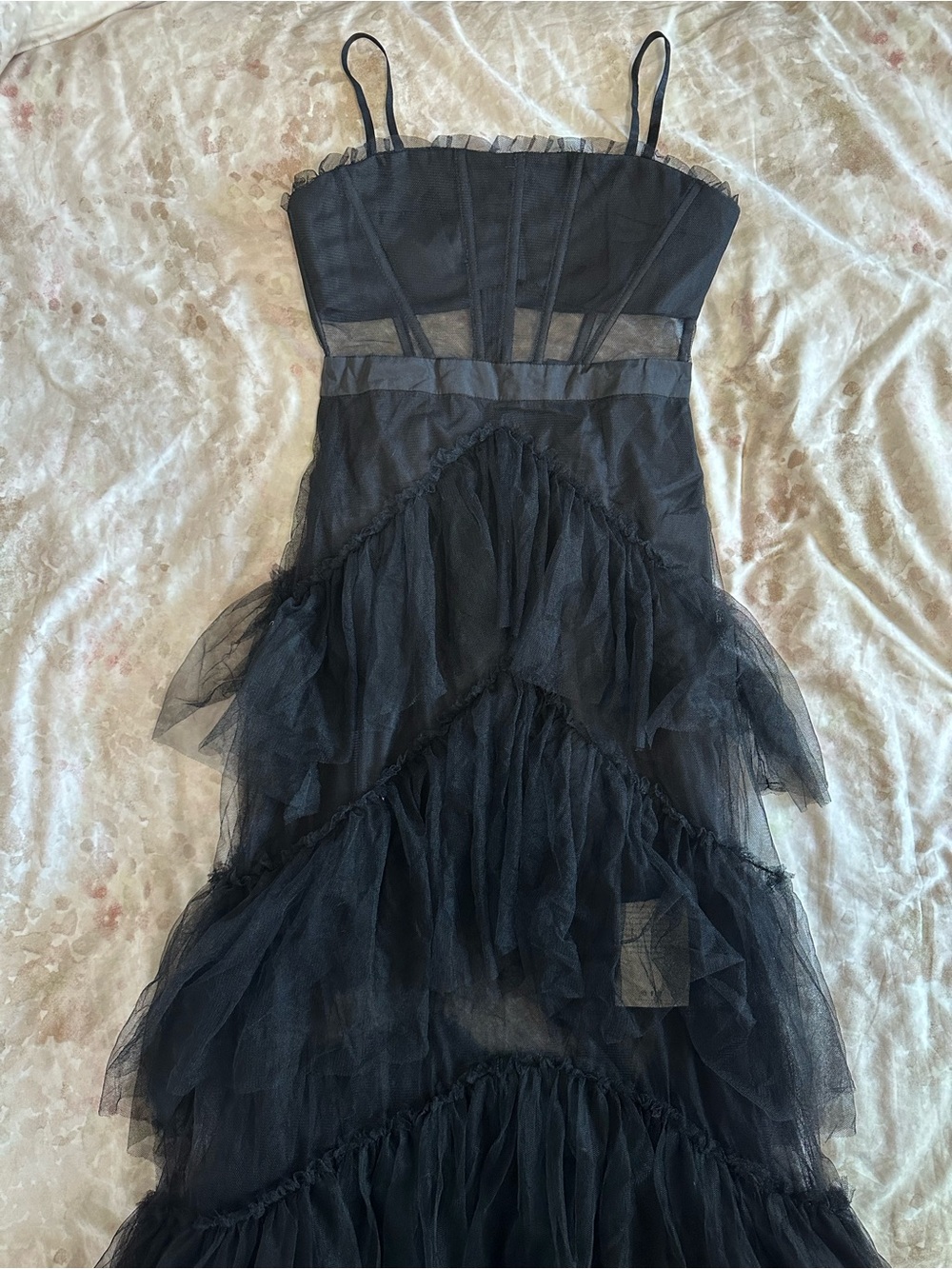 Strapless Black Tiered Tulle Dress with Sheer Bodice